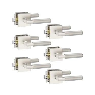 Imagem de Asidrama Pacote com 6 maçanetas de porta de passagem de níquel escovado, maçaneta de porta com maçanetas internas para quarto ou banheiro, puxadores de porta resistentes interiores com fechaduras para