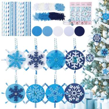 Imagem de Potchen 50 Sets Snowflake Ornaments Craft Kits Blue Paper Straws Felt Snowflake Diamond Stickers 3D DIY Winter Decor Holiday Activities Supplies for Christmas Tree Classroom Party Favors