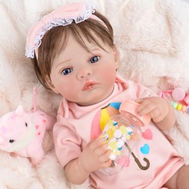 Imagem de Bebê Reborn Boneca Silicone Menina Olhos Azuis Realista Pintado 48cm Com Urso e Acessórios