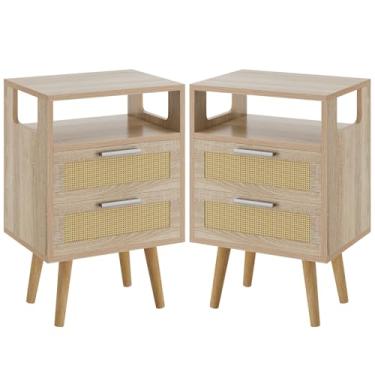Imagem de YMYNY Conjunto de 2 mesas de cabeceira de vime, mesa lateral boho com 2 gavetas, prateleira aberta com design arqueado, pernas de madeira maciça, armário de armazenamento para quarto, sala de estar