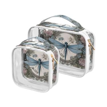Imagem de GAIGEO Conjunto de 2 bolsas de maquiagem transparente para animais de ovelha, plantas, verde-petróleo, colagem, bolsa de viagem, produto de cabelo, Tapete vintage rosa Dragonfly Palace, one size