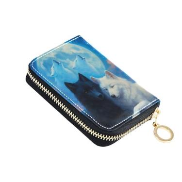 Imagem de Carteira feminina de lobo preto e branco com zíper em volta do porta-cartões com bloqueio de RFID, linda bolsa minimalista para moedas com zíper