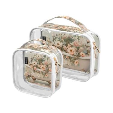 Imagem de GAIGEO Conjunto de bolsas de maquiagem coloridas em preto transparente, bolsa de maquiagem de plástico transparente, acessórios de viagem cosméticos, pacote com 2, Banheiro retrô com borboletas, one