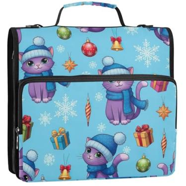 Imagem de Organizador de fichário com zíper, fofo, roxo, gato, azul, 3 fichários de 3 anéis, anel em D, bolsa fofa para fichários escolares com alça de ombro, vários bolsos, pasta grande para portfólio, 34,5 x