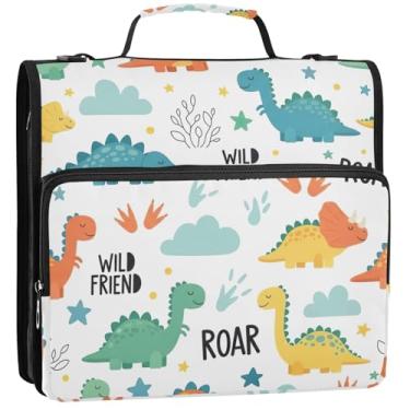 Imagem de Fichários engraçados de 3 anéis de 3,8 cm Anel D fofos coloridos dinossauros com zíper organizador portfólio e estojo para pasta de anéis, bolsa escolar com alça de ombro, 34,5 x 31,5 x 9 cm
