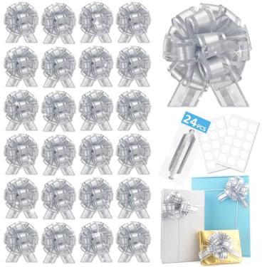 Imagem de 24 peças de laço prateado para embrulho de cesta de presente, laços de presente de Natal, fita adesiva para garrafas de árvore de Natal, buquê de flores, decoração de festa do dia dos namorados