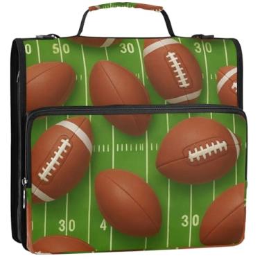 Imagem de Fichários de futebol americano verde marrom 3,8 cm 3 anéis com zíper organizador de fichário escolar bolsa com alça de ombro vários bolsos pasta grande para portfólio, 34,5 x 31,5 x 9 cm