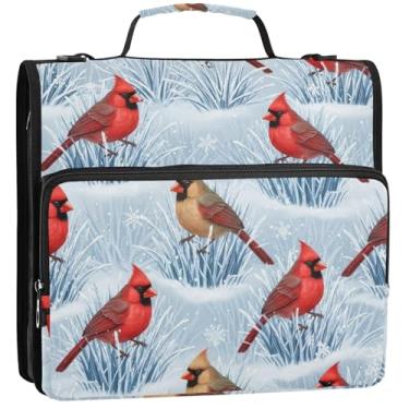 Imagem de 3 fichários de 3 anéis resistentes pássaros vermelhos azul neve zíper bolsa organizador de fichários escolares com alça de ombro impressão portfólio e estojo suporte para pasta de anel, 34,5 x 31,5 x