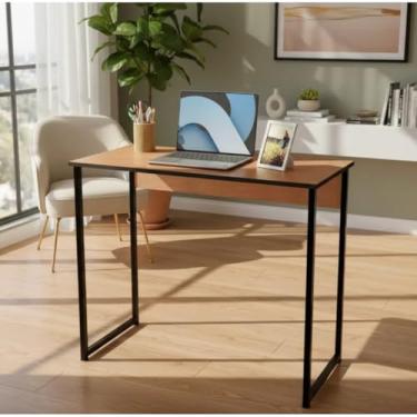 Imagem de Escrivaninha Dobrável ou Fixa Estilo Industrial para Computador e Notebook – Mesa Compacta Portátil para Home Office e Estudo(Madeira - fixa)