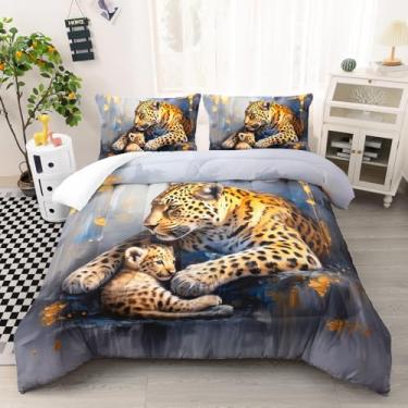Imagem de AILONEN Conjunto de edredom solteiro com estampa de leopardo com tema de animais selvagens, para meninos e meninas, guepardo 3D com 2 fronhas, 3 peças