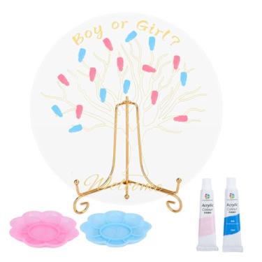 Imagem de Árvore de impressão digital revelação de gênero, menino ou menina, jogos de revelação de gênero para convidados, ele ou ela ornamentos de mesa de acrílico chá de bebê livro de convidados suprimentos