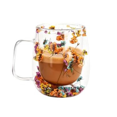 Imagem de Toparad Canecas de café de vidro de parede dupla, lindos copos de flores transparentes com alça, exclusivo copo de vidro com isolamento duplo para chá de cappuccino, café expresso, bebidas quentes