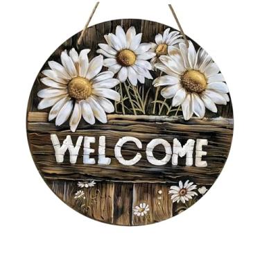 Imagem de Baoblaze Placa de madeira "Bem-vindo" com margaridas, placa decorativa redonda para porta de entrada, arte de parede para cafeteria, uso interno e