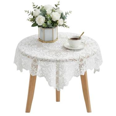 Imagem de APLZGMG Toalha de mesa de renda floral elegante, toalha de mesa de renda branca de 89 x 89 cm, toalha de mesa quadrada vintage para recepção de chá, jantar, decoração de casa, capa de mesa pequena