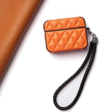 Imagem de Capa MC Fashion para AirPods Pro 3, capa protetora acolchoada de couro PU com cordão trançado padrão de diamante fino compatível com AirPods Pro 3 (2025) (laranja)