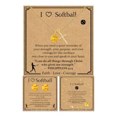 Imagem de FUSAHURIY Conjunto de brincos e colar com cruz de softbol/futebol/voleibol/basquete/futebol para mulheres, banhado a ouro 18 k, joias esportivas inspiradoras cristãs para presentes de fim de temporada