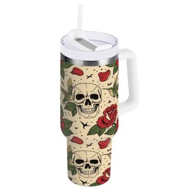 Imagem de SEHANY Copo de caveira e rosas de 850 g com alça, copo isolado de aço inoxidável a vácuo de parede dupla, caneca de café à prova de vazamento, copo isolado para viagem, cabe no suporte de copo de