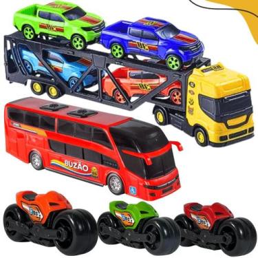 Imagem de Kit Caminhão Cegonheiro Moto Caminhonete Ônibus Brinquedo Infantil - D