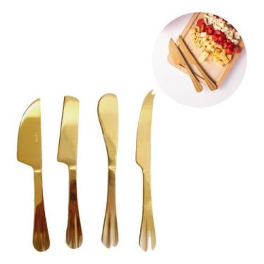 Imagem de Jogo De Facas P/ Cortar Queijo Aço Inox Gold Luxo Lyor 4 Unidades