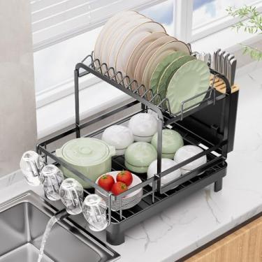 Imagem de Runnatal Escorredor de louça grande com conjunto de drenagem, escorredor de pratos de aço inoxidável, 4 em 1 destacável, grande capacidade, 2 camadas, escorredor de pratos antiferrugem para balcão de