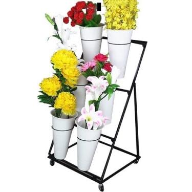 Imagem de AkosOL Suporte de flor prateleira de metal para escada, suporte de exibição de flores, suporte móvel para exibição de carrinho de flores com rodas ao ar livre (branco 50 x 50 x 110 cm)