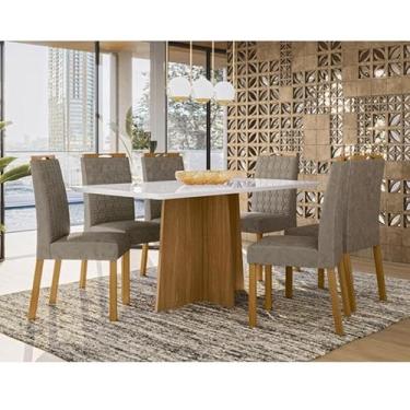 Imagem de Mesa de Jantar Ambiente Anitta 160x90 cm com Vidro Ype Off White e 6 Cadeiras Mariana Ype Camurça Marrom - New Ceval