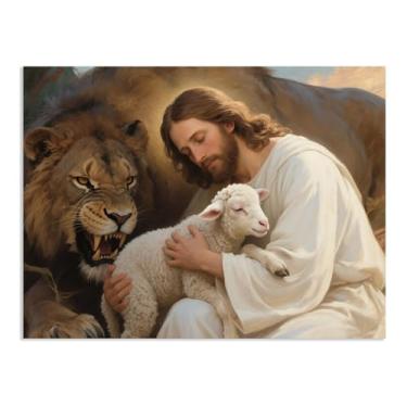 Imagem de Jesus leão e cordeiro arte de parede de cordeiro religioso decoração de parede Jesus Cristo impressão de pôster para sala de estar igreja sala de oração decoração de casa 80 x 60 cm (32 x 24 polegadas