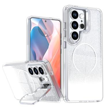 Imagem de POYUFRG Capa com glitter para Samsung Galaxy S26 Ultra/S26 Plus/S26, capa magnética transparente com capa de proteção de suporte de lente de metal, branca, S26 Plus