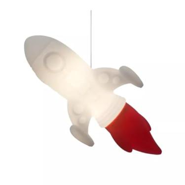 Imagem de Pendente Luminária Foguete Polietileno Branco Vermelho 21,5x24x52,5cm Decoração Espacial Infantil