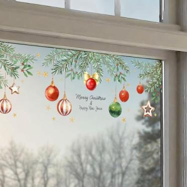Imagem de Liwo Adesivo de janela de Natal dupla face com galho de pinheiro manchado estrelas de bola de Natal, adesivos de vidro adesivos estáticos filme reutilizável para decoração de inverno em casa - 30 x 87