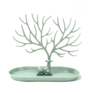 Imagem de Suporte de exibição bandeja de armazenamento de árvores, brincos, colares, anéis, estojo organizador de cervos para mesa, decoração de maquiagem (verde)