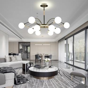 Imagem de Lustre moderno E27 estilo Sputnik, luminária grande para sala de estar com cúpula de vidro branco, design criativo e personalizado, luminária de teto de cristal para quarto, restaurante, caf
