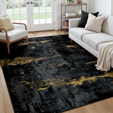 Imagem de RELEANY Tapetes laváveis, quadrados, 2,1 m, antiderrapantes, modernos, abstratos, macios para sala de estar, entrada, quarto, berçário, estampa estampada, ouro preto escuro