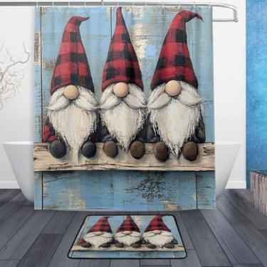 Imagem de xigua Gnomos de Natal fofos conjuntos de tapetes de cortina de banho 2 peças, conjunto de tema de banheiro (152 x 182 cm) com cortina de chuveiro e tapete antiderrapante -12 ganchos451