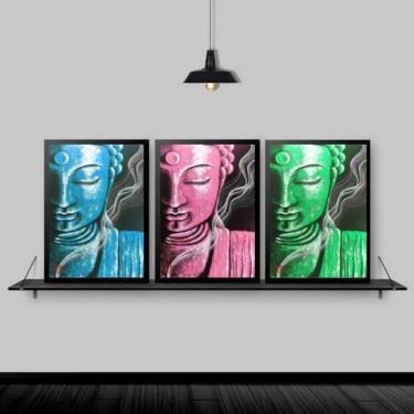 Imagem de Kit 3 Quadros Feng Shui Budas Coloridos 45X34 Moldura Preta