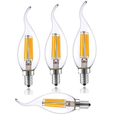 Imagem de Lâmpada LED tipo vela E14 6W, soquete pequeno C35 com rosca Edison, equivalente a 60W incandescente, branco quente 2700-3000K, pacote com 4 unidades.