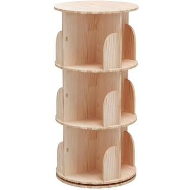 Imagem de Estante de madeira maciça de 3 camadas com rodas de freio - Rack de armazenamento giratório de 360° para quarto, sala de estar, sala de estudo - organizador de prateleira de livros de canto redondo