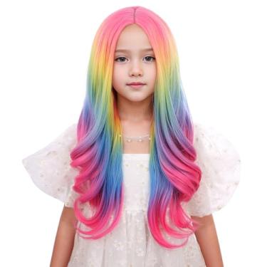 Imagem de DUDUWIG Peruca longa ondulada arco-íris infantil - peruca colorida pastel para meninas - cosplay e Halloween - tela de cabelo incluída