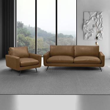 Imagem de Conjunto Sala de Estar Paloma 1 Sofá 2 Lugares 183cm 1 Poltrona Couro Marrom Claro Manchado