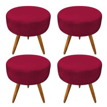 Imagem de Kit 4 Puffs Redonda Veludo Vermelho Pés Palito Castanho
