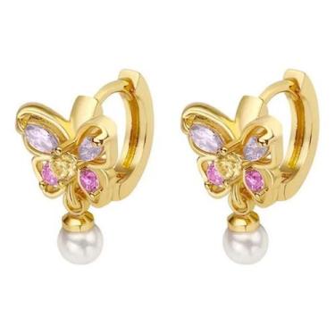 Imagem de Brinco Pérola Argola F Ouro 18K Dourado Pedra Zirconia Peque - De Cast