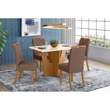 Imagem de Conjunto Mesa De Cozinha Vértice Tampo Madeirado Com Vidro Canto Reto 120x80cm E 4 Cadeiras Bella Nature Amêndoa Henn