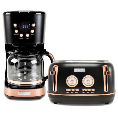 Imagem de Kit Torradeira 4 Fatias Slots Largos Inox, Controle Programável, + Cafeteira Elétrica 12 Xícaras, Haden, Preto/Cobre, 110V