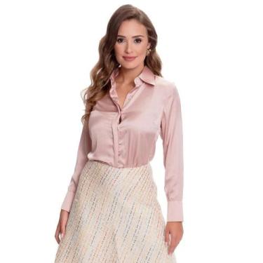 Imagem de Camisa Social Feminina Manga Longa Cetim Teodoro Clássica, P, Rosa cla