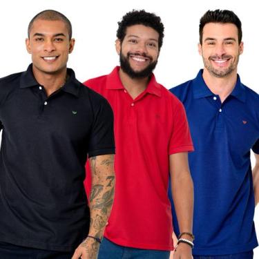 Imagem de Kit 3 Camisas Gola Polo Masculina Piquet Lisa Camisaria Colombo, Preto