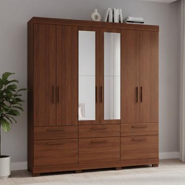 Imagem de Guarda-Roupa Casal 7 Portas 5 Gavetas com Espelhos e Pés 192cm 100% MDF Coimbra Espresso Móveis Jequitiba