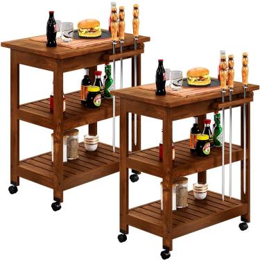 Imagem de Kit 02 Carrinho De Churrasco Grade Mesa Tábua De Cortes Home W02 Madeira Maciça Imbuia - Lyam Decor