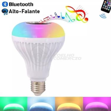 Imagem de Lâmpada LED 12W E27 RGB Colorida com Caixa de Som Bluetooth Controle Remoto Branco Smar...