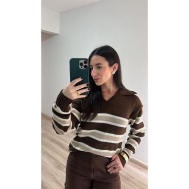 Imagem de Blusa Feminina Gola Polo Listras Tricot Inverno Cor:Bege/MarromTamanho