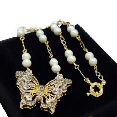 Imagem de Colar Pérolas Shell Com Borboleta Cravejada Zirconias Banho de Ouro 18
